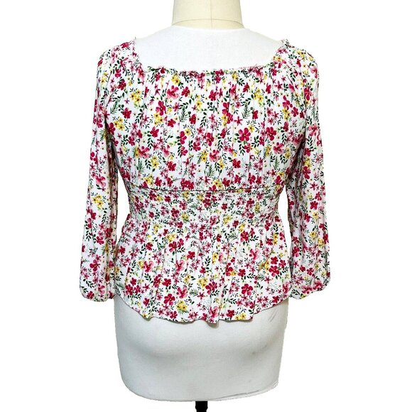 No Boundaries - Women's Junior's White, Pink Floral Print Gathered Peplum XL - Picture 4 of 11